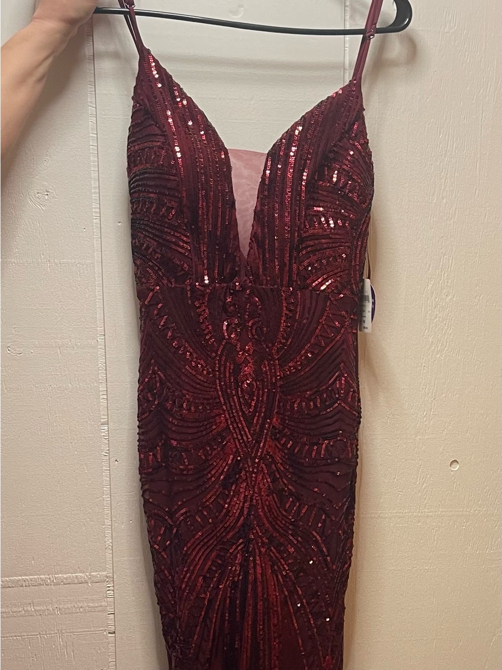 Windsor Deep Burgundy Sequin Plunge V-Neck Prom Dress